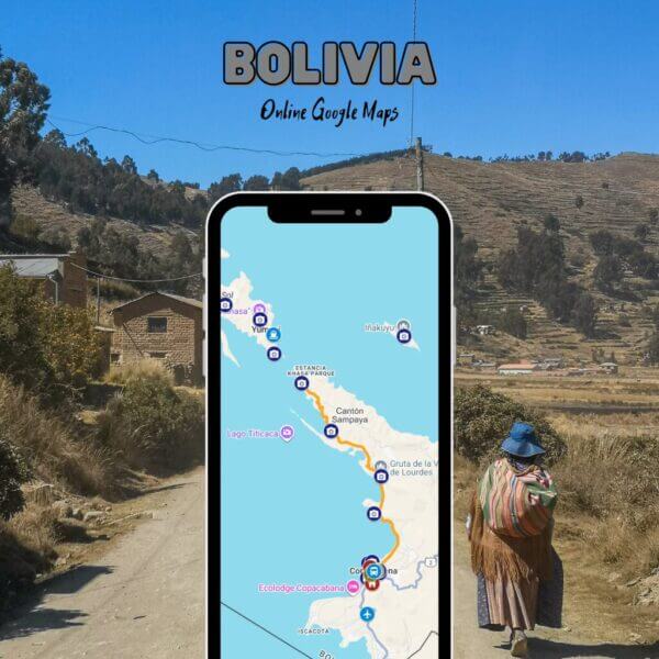 Écran d'ordinateur affichant notre carte Google de la Bolivie, avec plusieurs épingles de voyage à travers le pays et un paysage rural bolivien en arrière-plan.