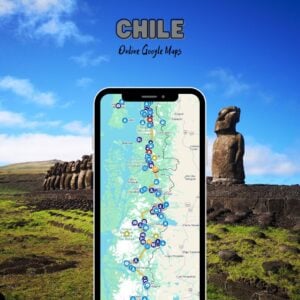 Promotional graphic featuring a smartphone displaying a detailed Chile Google Map, with Easter Island moai statues and a grassy landscape in the background.