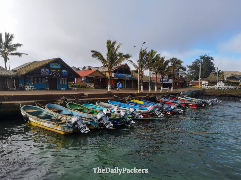Colorful fishing boats lined up in Hanga Roa’s main harbor, backed by palm trees and dive shops along the waterfront.
