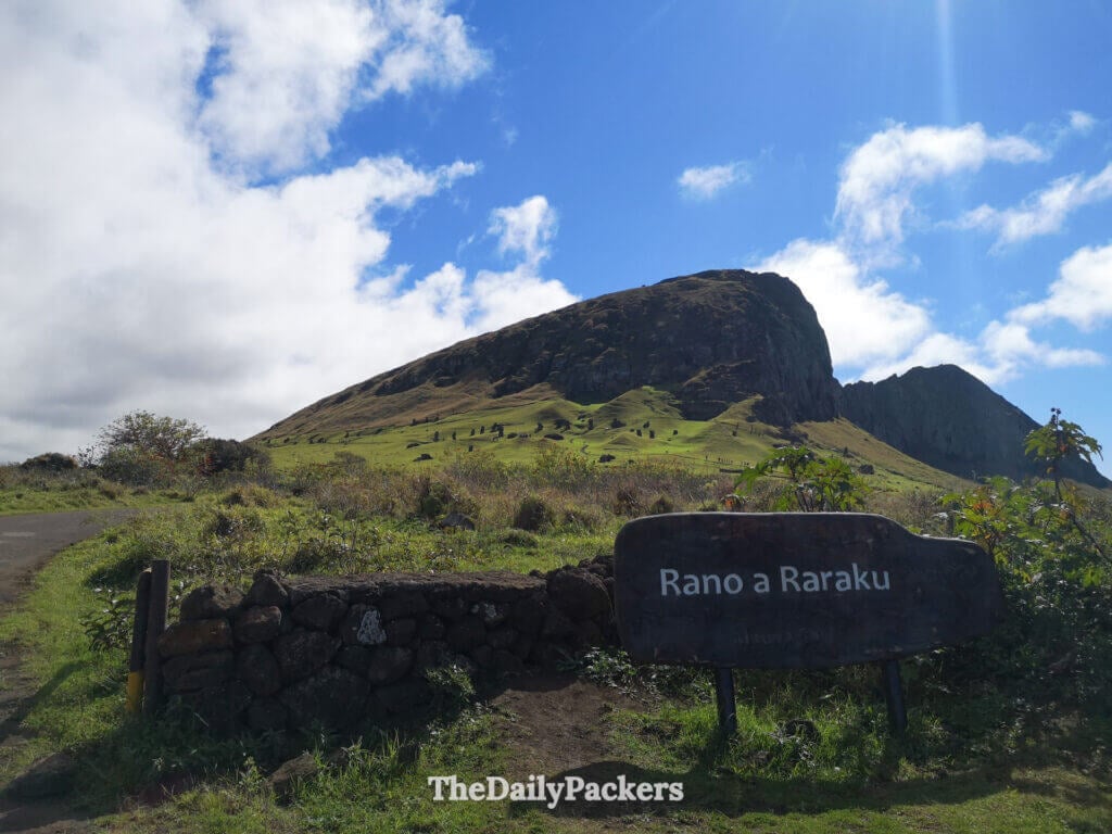 Entrance sign to Rano Raraku, the volcanic quarry where nearly all of Easter Island’s moai were carved, set below the dramatic hillside.