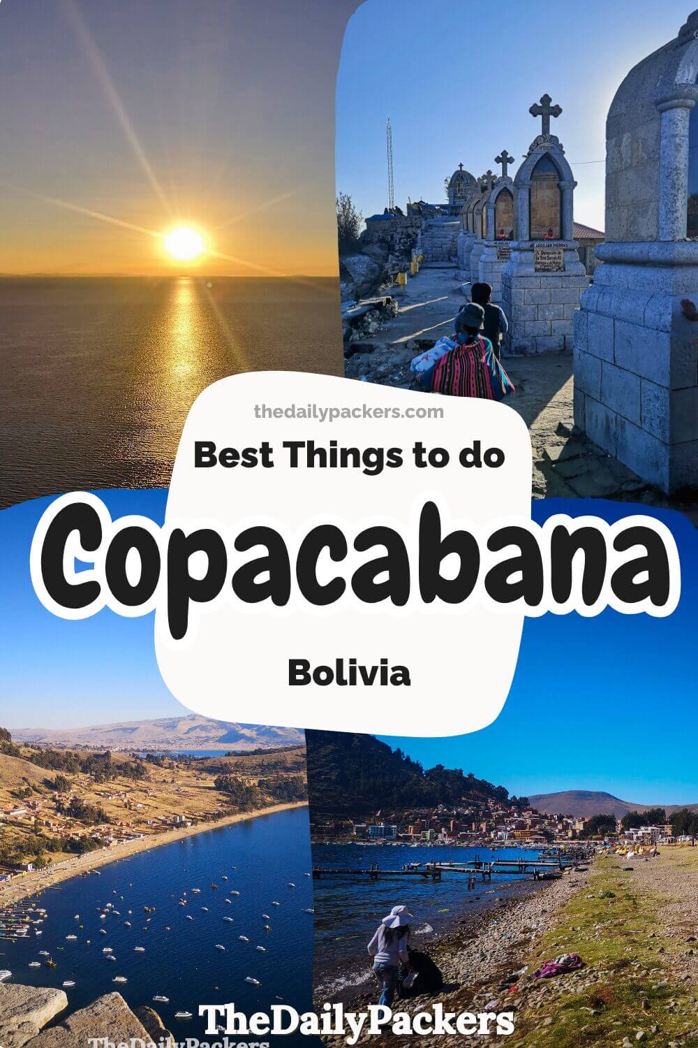 Pinterest image showcasing Copacabana highlights, from the beach and boats on Lake Titicaca to Calvario Hill at sunset