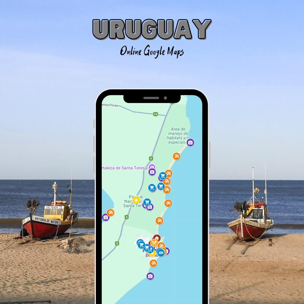 Visuel d'une maquette iPhone affichant une carte Google personnalisée de l'Uruguay, sur fond de plage avec des bateaux de pêche sur le sable.