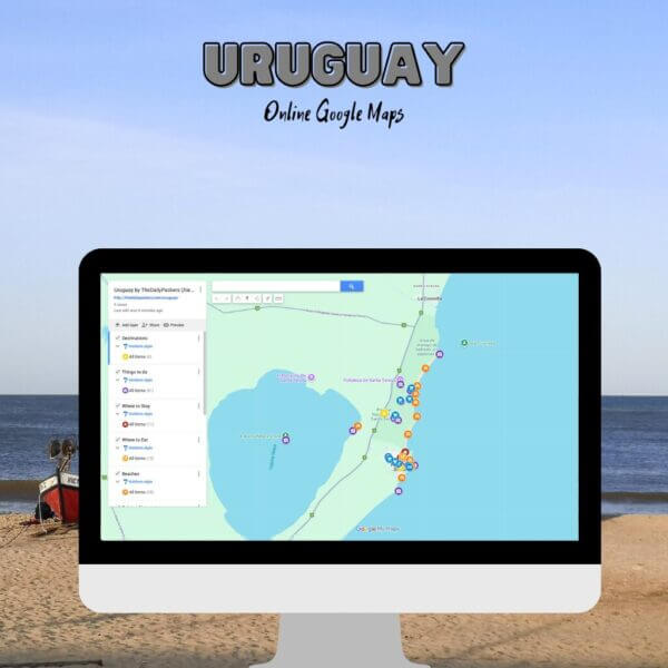 Illustration of a desktop computer showing a detailed Uruguay Google Map with marked attractions, beaches, and accommodations along the coast.