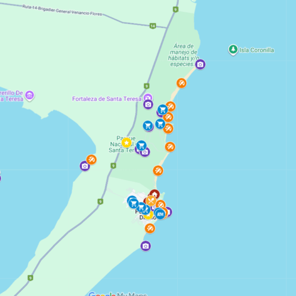 Close-up view of the Uruguay Google Map highlighting the Santa Teresa National Park and nearby coastal points of interest.