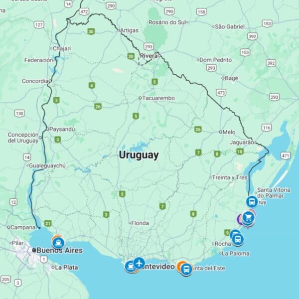 Zoomed-out Uruguay Google Map showing key travel destinations across the country, from Montevideo and Punta del Este to the northern border.