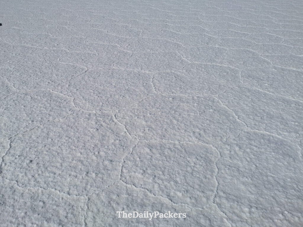 Close-up view of the natural hexagon salt patterns on the Uyuni Salt Flats
