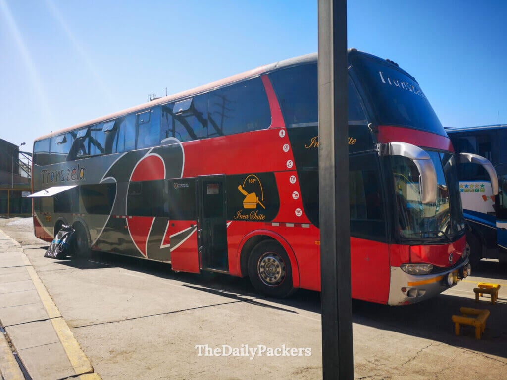 Transzela long-distance bus at the Arequipa terminal, a common overnight and daytime option for traveling from Arequipa to Puno