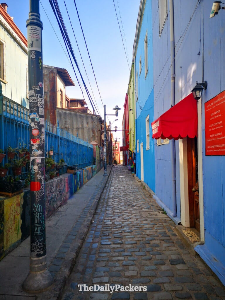 Longue ruelle pavée dans Cerro Concepción, Valparaíso, encadrée par des maisons bleues et jaunes, de l'art de rue et des plantes feuillues le long des clôtures.