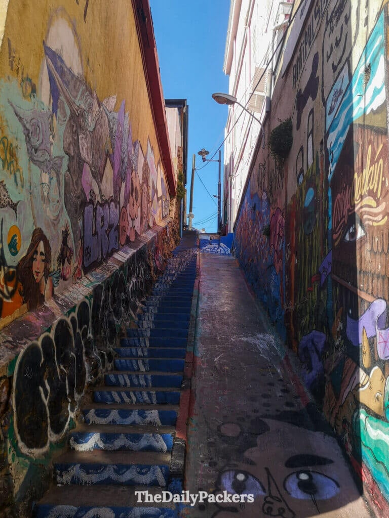 Escalier escarpé couvert de graffitis à Cerro Concepción, Valparaíso, entouré de fresques urbaines et d'art de rue coloré typique du quartier.