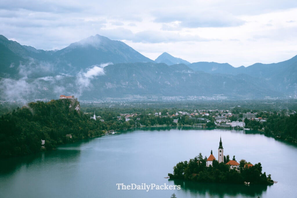 Lake Bled island with church viewed from above on a calm summer da