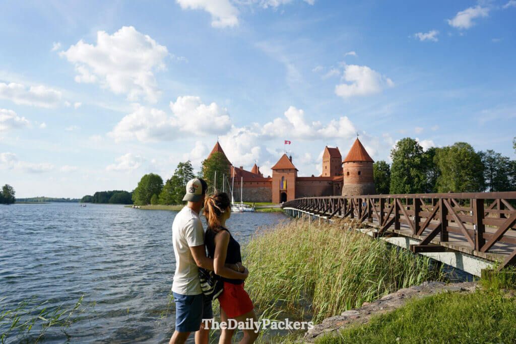 Trakai Island Castle viewed from the lakeshore on a clear summer day