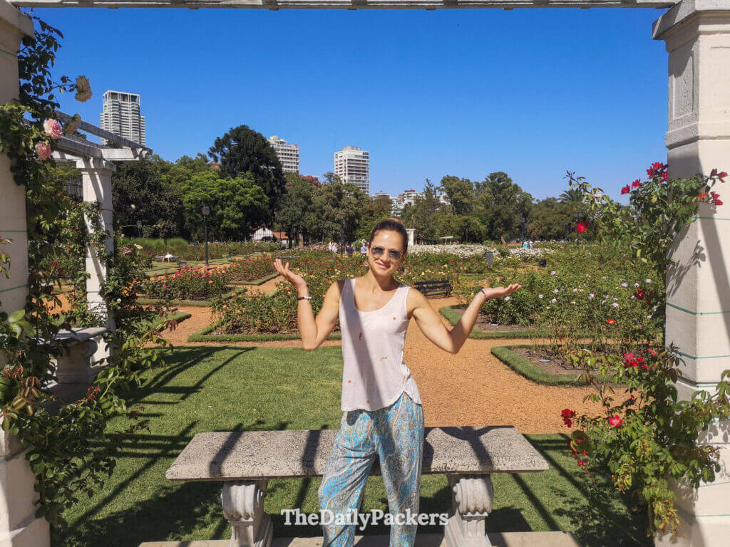 El Rosedal rose garden in Palermo’s Parque Tres de Febrero, showcasing colorful rose bushes and manicured paths.