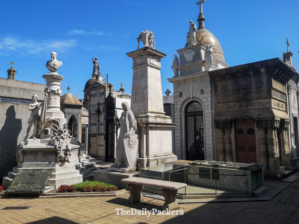 Mausoleums and statues inside Recoleta Cemetery, Buenos Aires, one of the city’s most famous and historic landmarks.