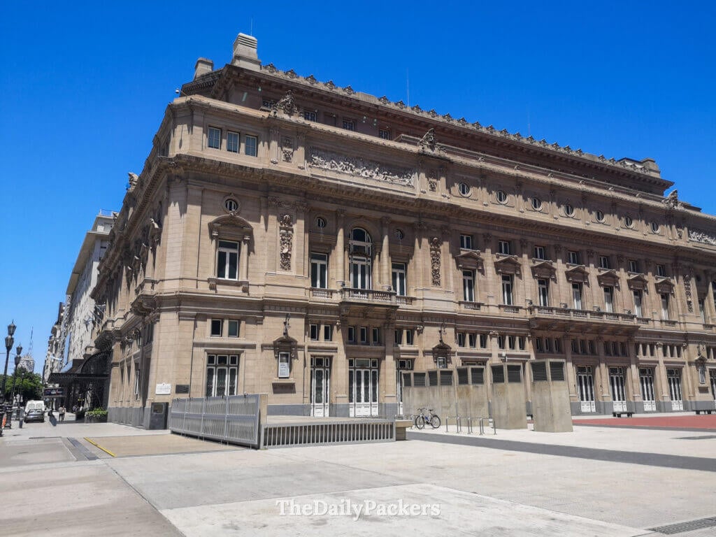 Rear view of Teatro Colón in downtown Buenos Aires, highlighting the opera house’s monumental architecture.