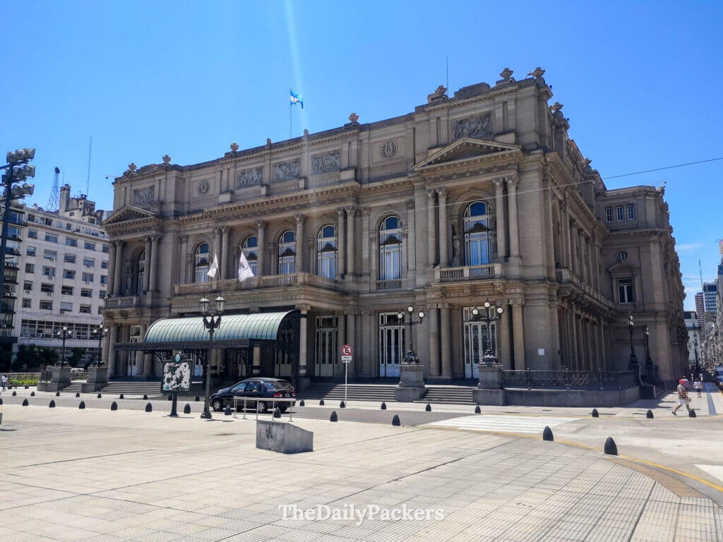 Front facade of Teatro Colón in Buenos Aires, one of the world’s most famous opera houses, seen from Plaza Lavalle.