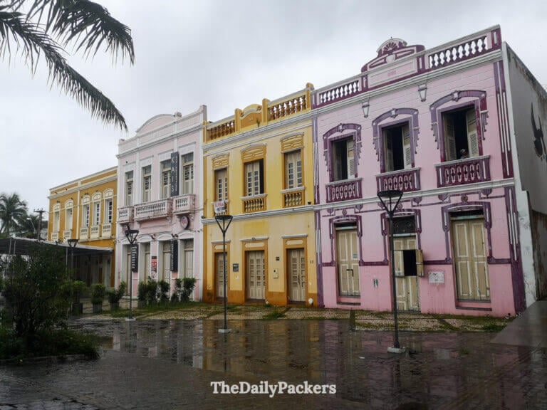 Pastel-colored colonial buildings in the Dragão do Mar area of Fortaleza, reflecting Portuguese architecture and cultural heritage