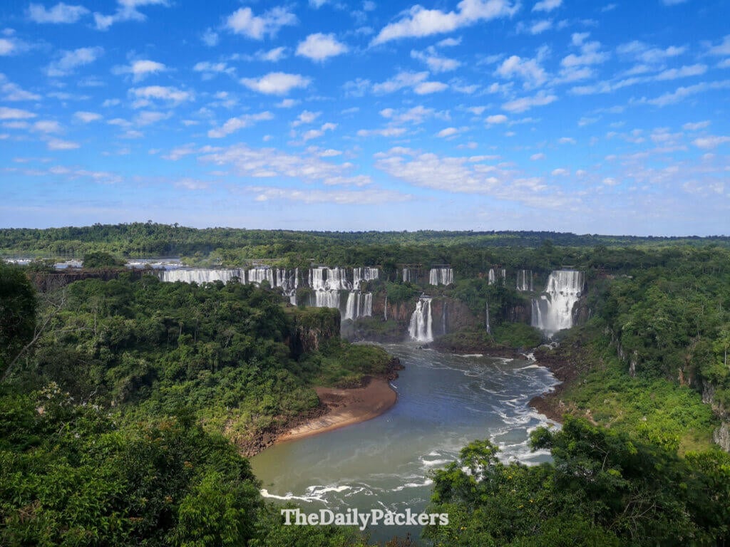 Wide view of Iguazu Falls from the first Brazilian viewpoint overlooking the river gorge