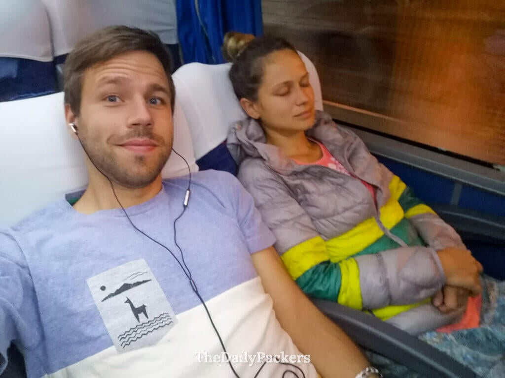 Selfie taken on an morning bus to Jericoacoara, showing travelers seated comfortably during the long-distance journey in northeastern Brazil