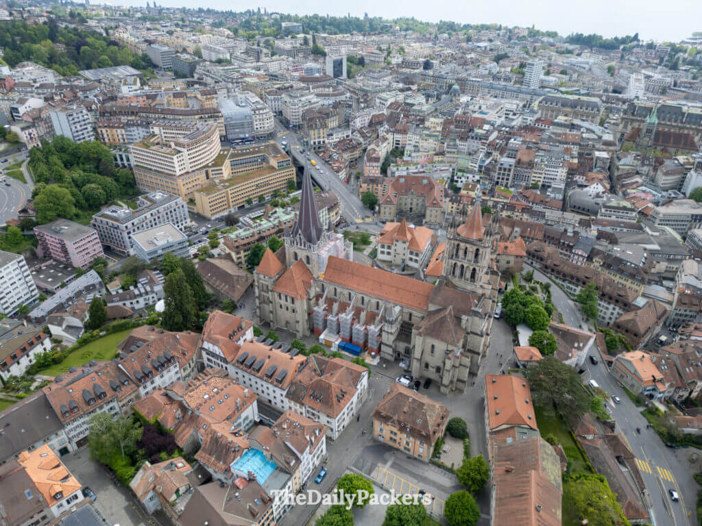 Aerial view of Lausanne old town with Lausanne Cathedral and rooftops overlooking the city