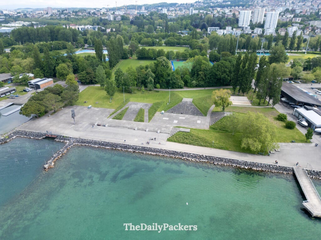 Aerial view of Pyramide de Vidy park and lakeside area in Lausanne