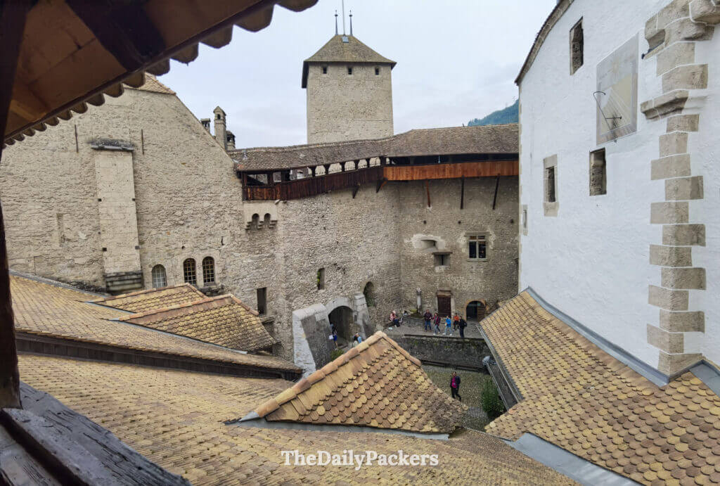 Interior courtyard and rooftops inside Chillon Castle overlooking Lake Geneva