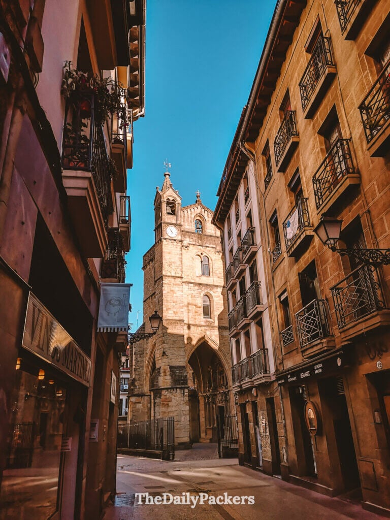 San Vicente Church seen from a quiet street in San Sebastián old town