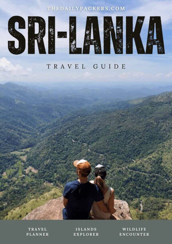 Sri Lanka travel guide cover with jungle landscape and couple overlooking the valley