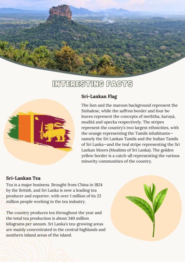 Sri Lanka travel guide facts page with national flag and tea plant illustration