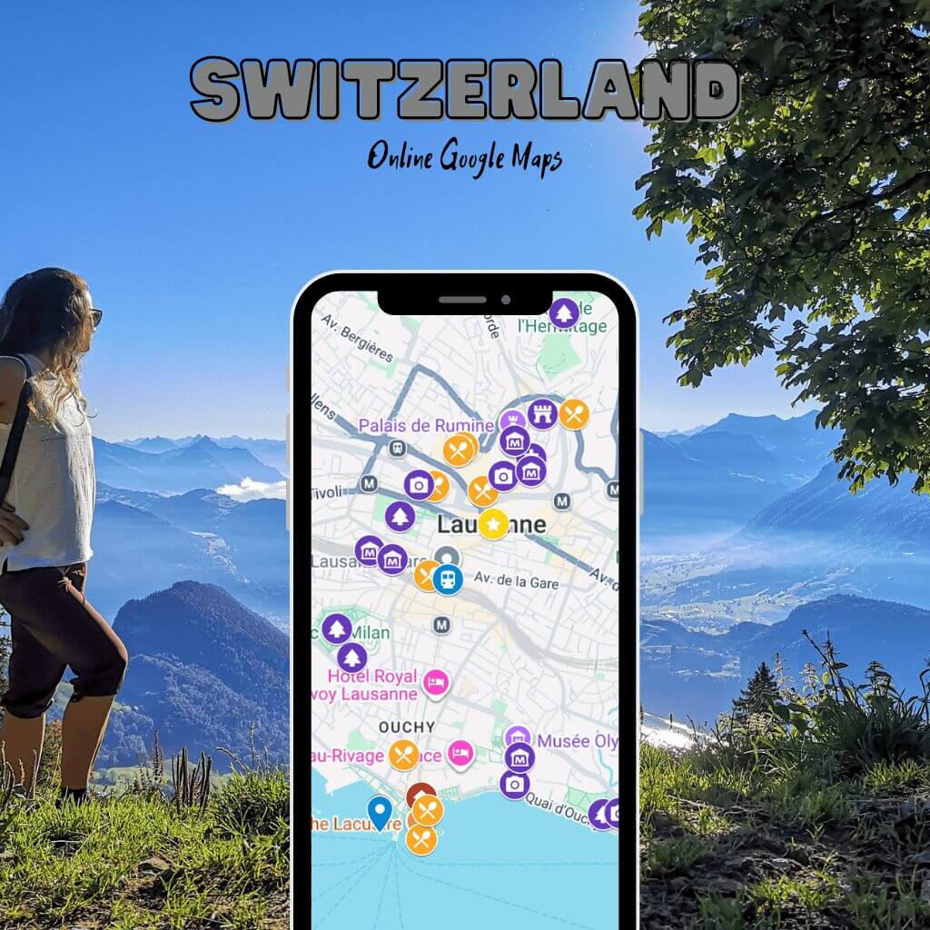 Switzerland Google Map on mobile highlighting Lausanne attractions and hotels