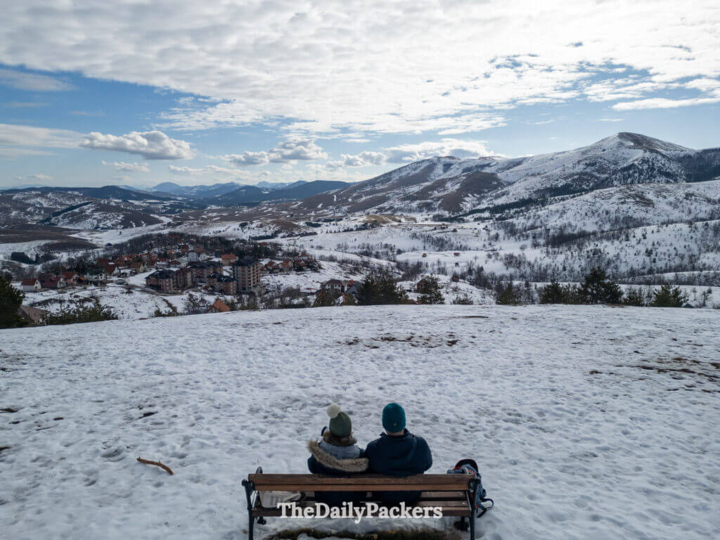 Aerial view from Zlatibor monument of the partisans with snow-covered ground and mountain air