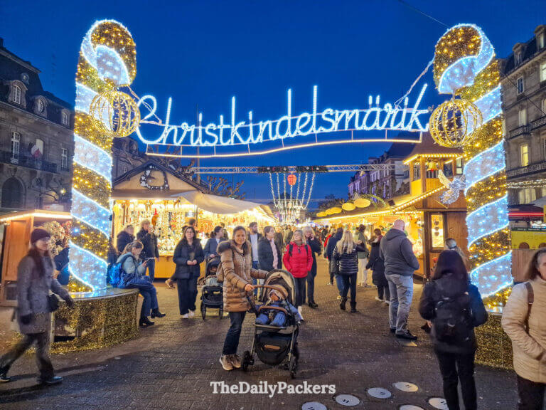 Christkindelsmärik entrance in Strasbourg Christmas market, one of the best places to visit in December