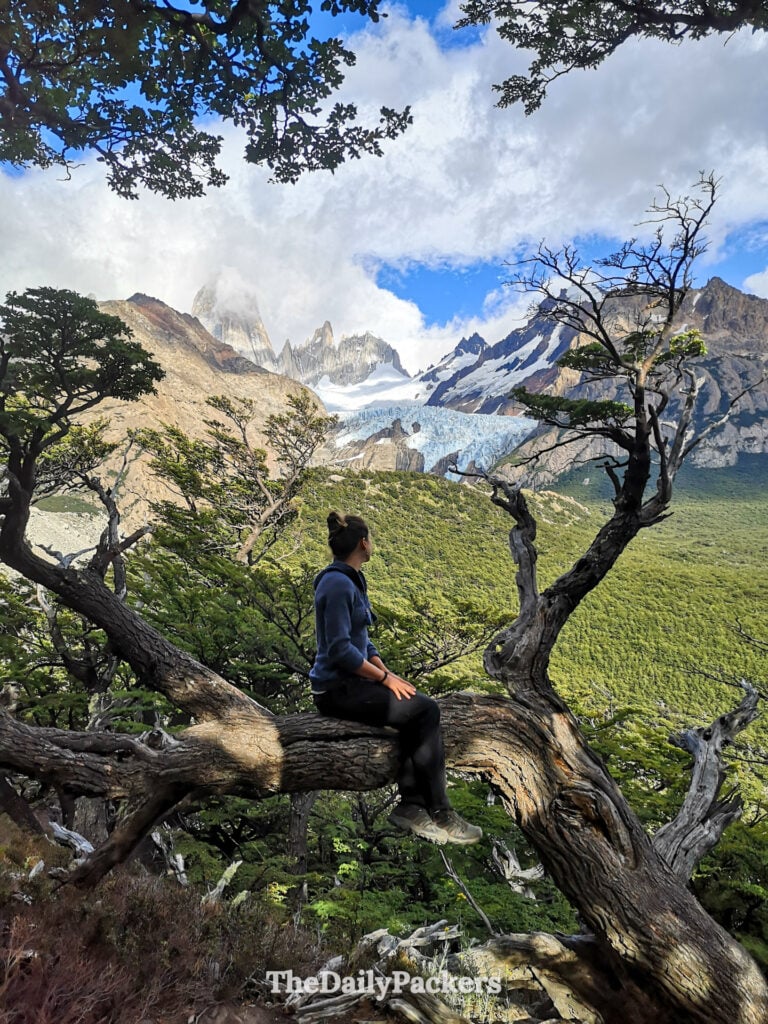 Vue verticale du Fitz Roy et du glacier Piedras Blancas près d’El Chaltén