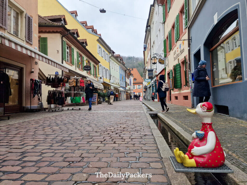 Schusterstraße in Freiburg with Bächle canal and small local shops