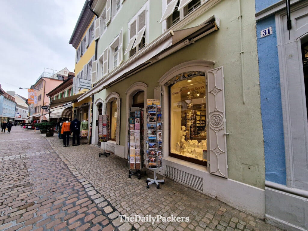 Schusterstraße shopping street in Freiburg old town, lively and historic