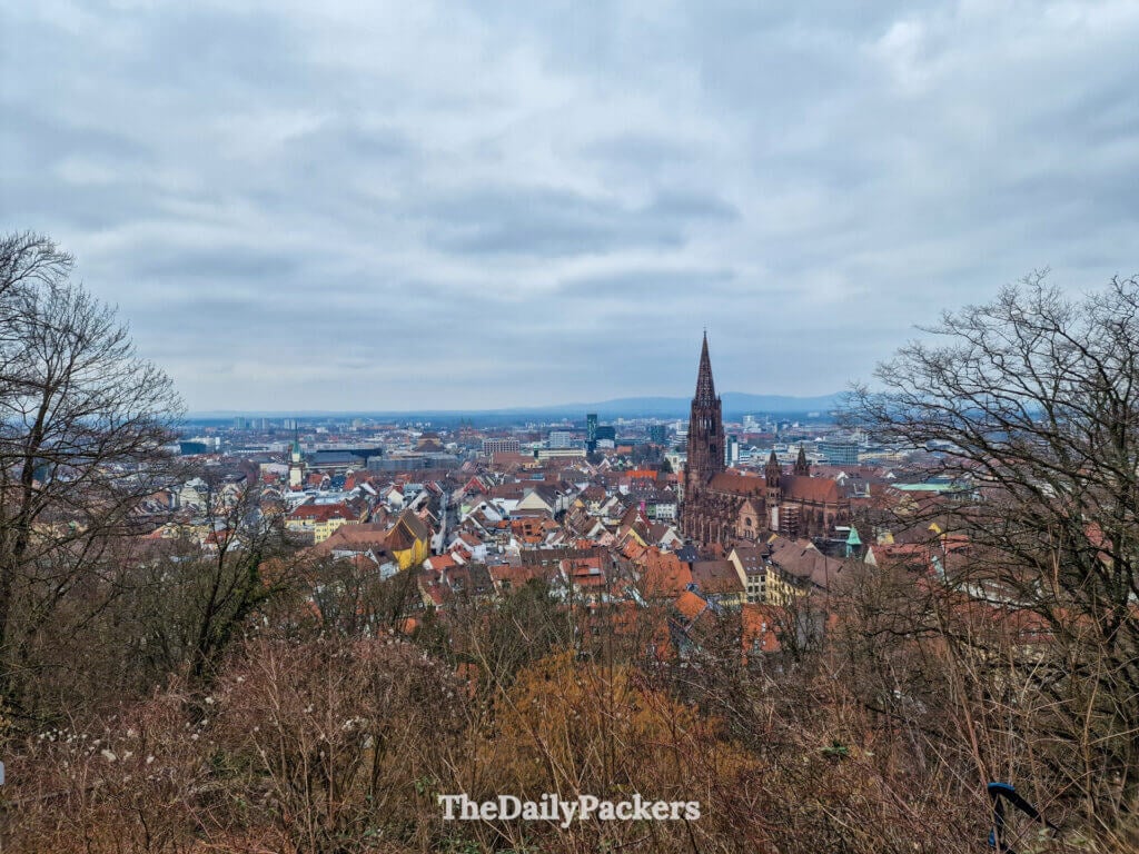 View over Freiburg from Kanonenplatz, forested hills and rooftops