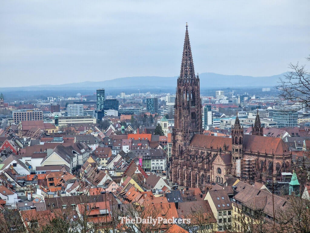 Panoramic view from Kanonenplatz overlooking Freiburg Cathedral and old town