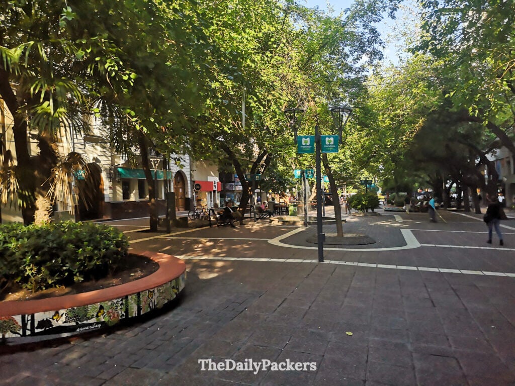 Peatonal Sarmiento à Mendoza, une rue piétonne animée avec des boutiques et des cafés