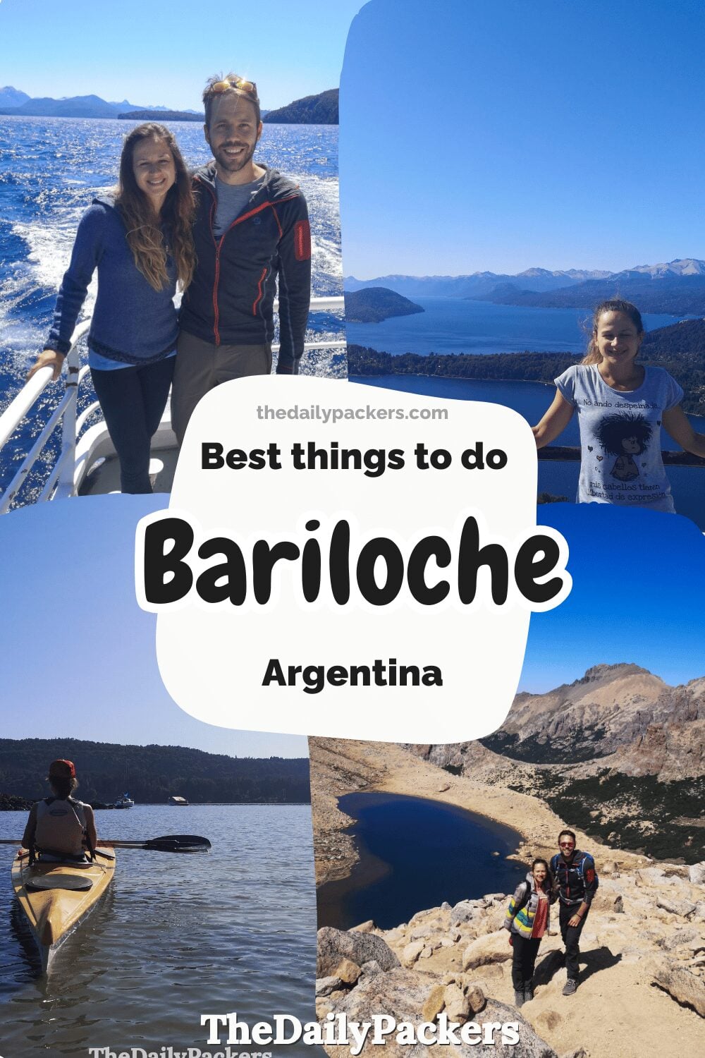 Collage of travelers enjoying hiking, kayaking, and boat tours in Bariloche, Argentina.