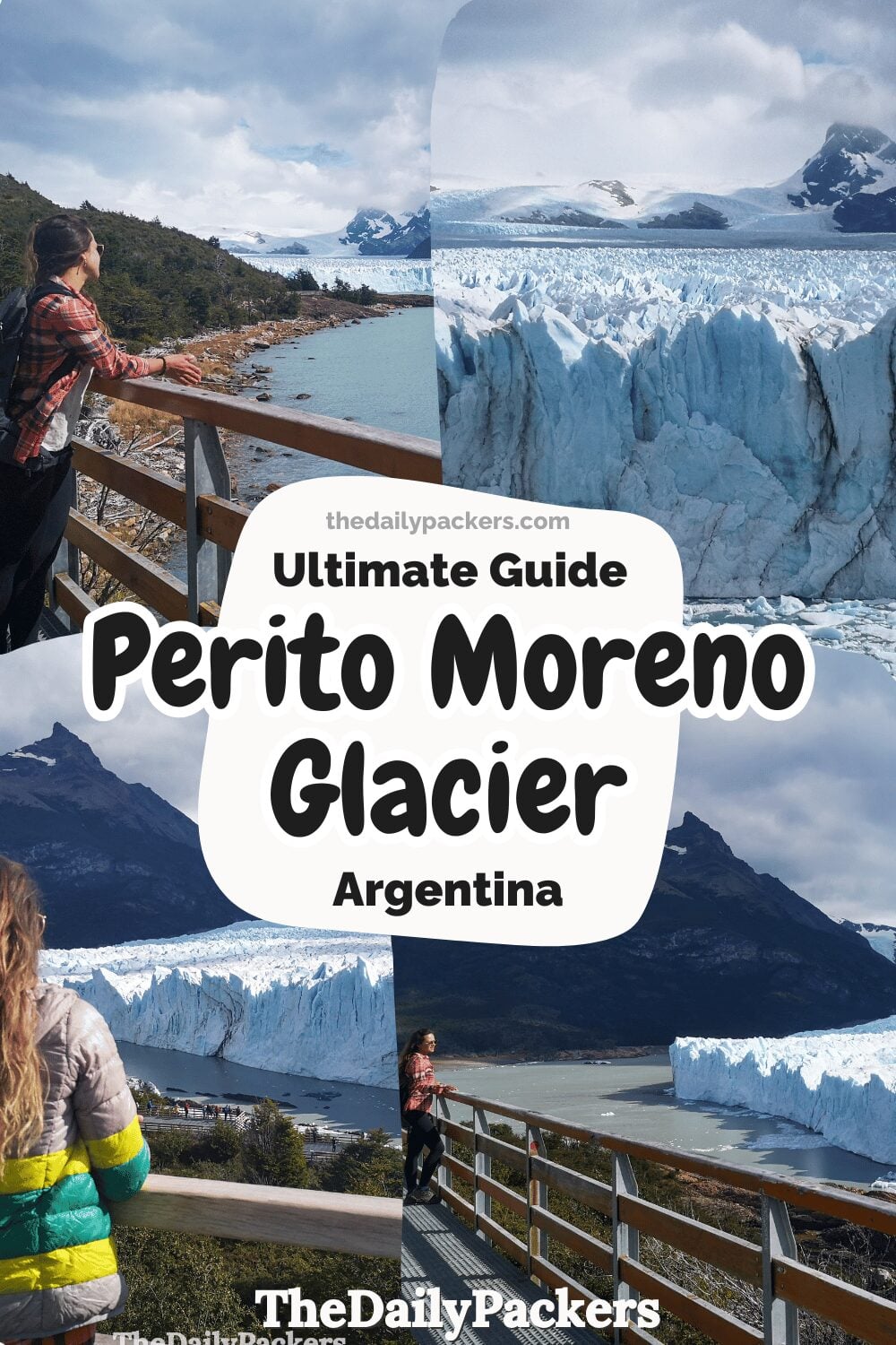 Perito Moreno Glacier in Patagonia with boardwalk views, blue ice wall, and mountains in Argentina.