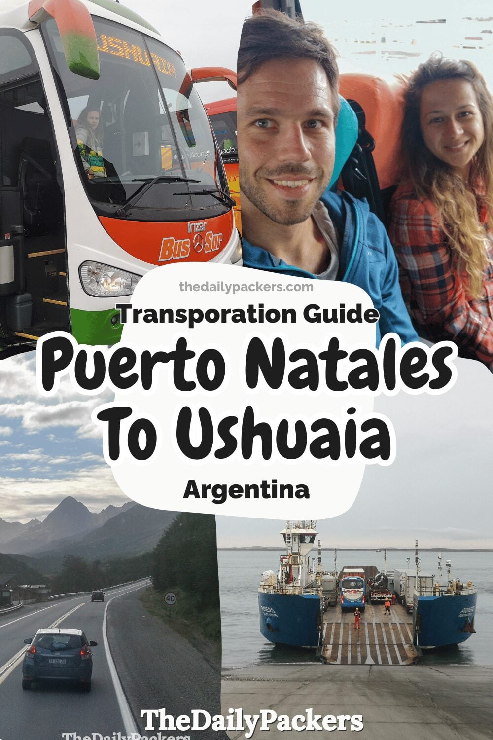 Bus and ferry journey from Puerto Natales to Ushuaia with Patagonian road and border crossing.