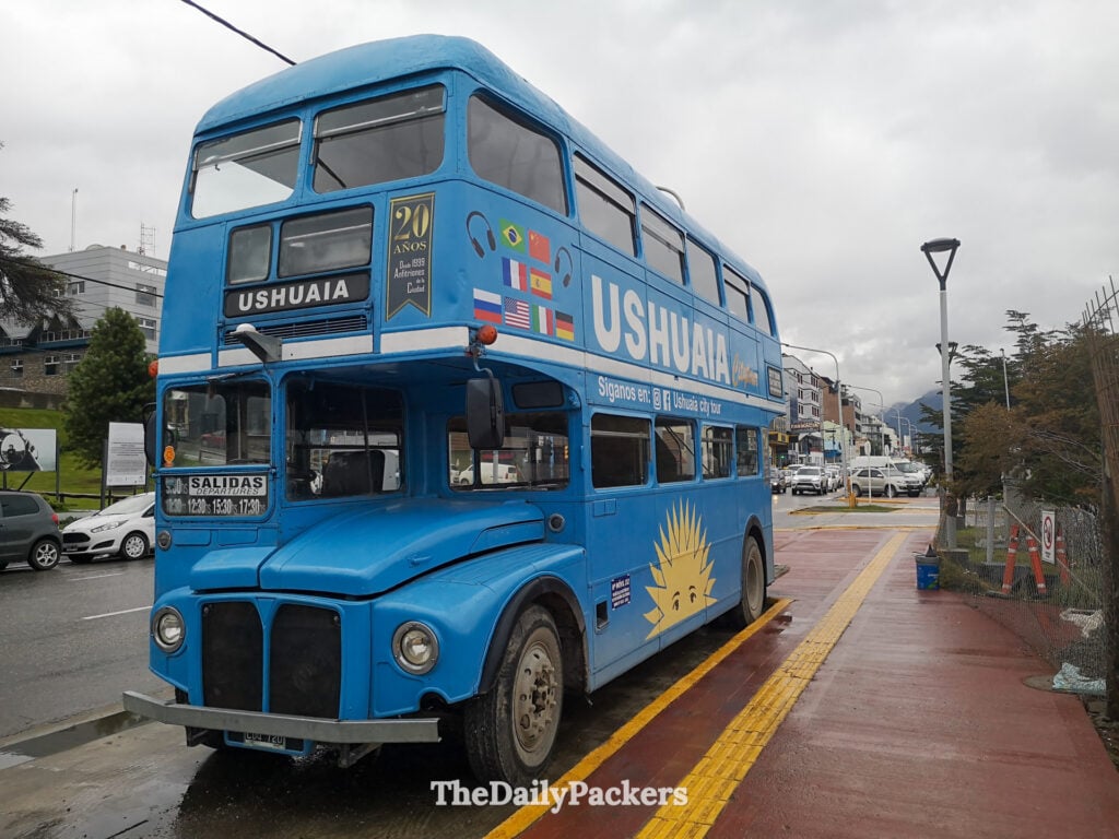 Blue double decker sightseeing bus in Ushuaia city center