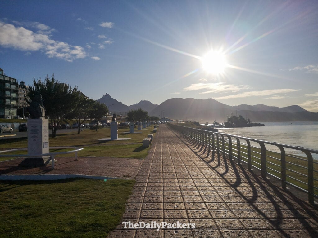 Sunset on Ushuaia waterfront promenade along Beagle Channel