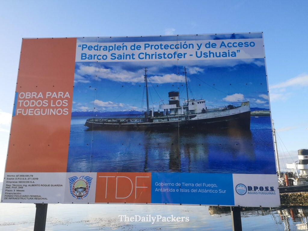 Sign for Saint Christopher ship near Ushuaia waterfront