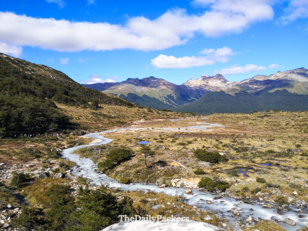 Return hike view over Laguna Esmeralda valley and winding river