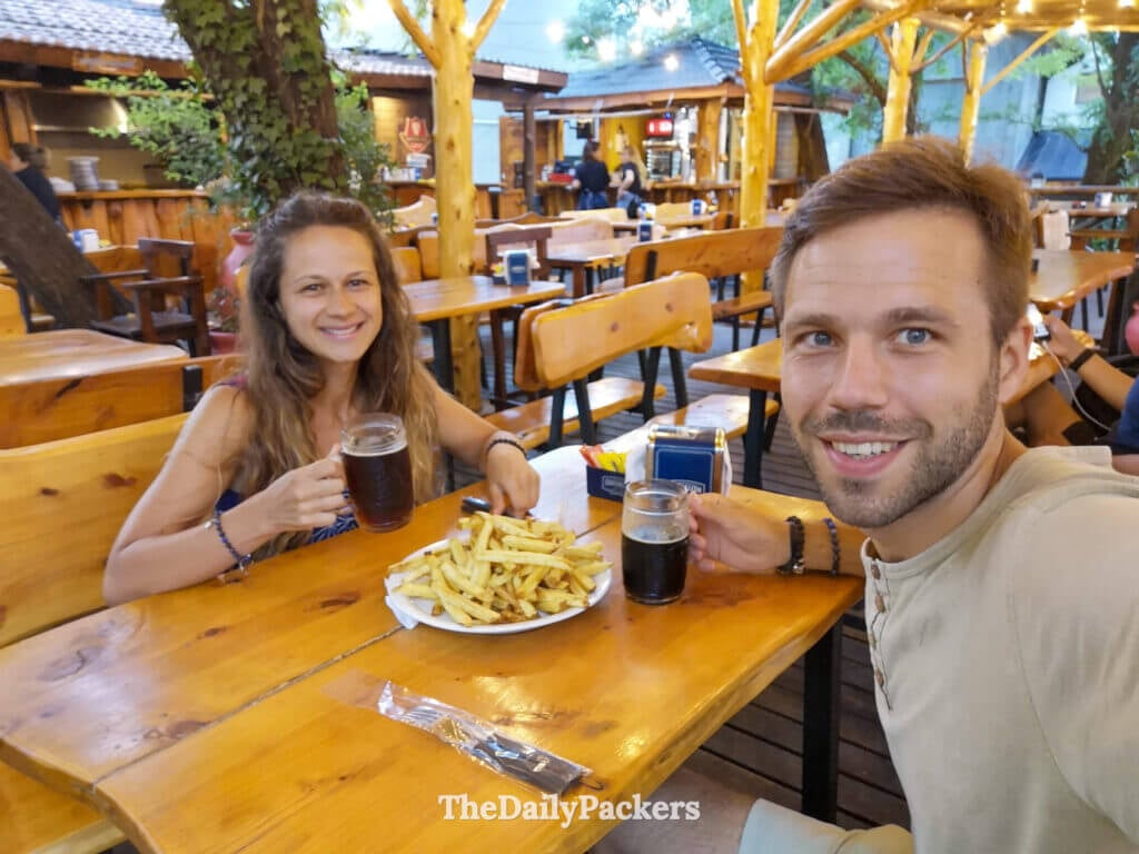 Traditional beer garden in Villa General Belgrano, Argentina, serving local craft beer and food