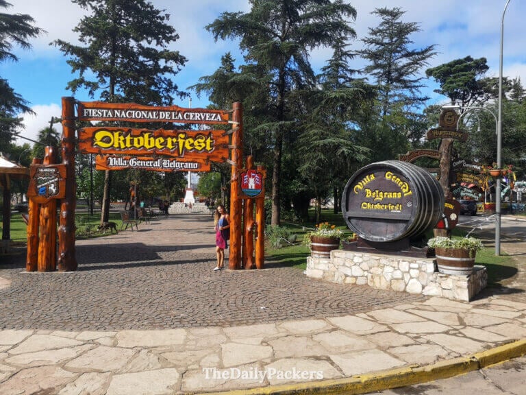 Oktoberfest entrance sign at Plaza José Hernández in Villa General Belgrano