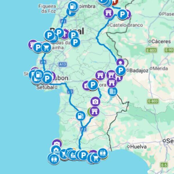 Google Map of Southern Portugal and Alentejo highlighting historic castles and coastal stops.