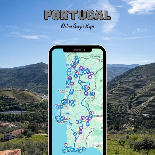 Mobile phone displaying a Portugal road trip Google Map over a scenic Douro Valley background.