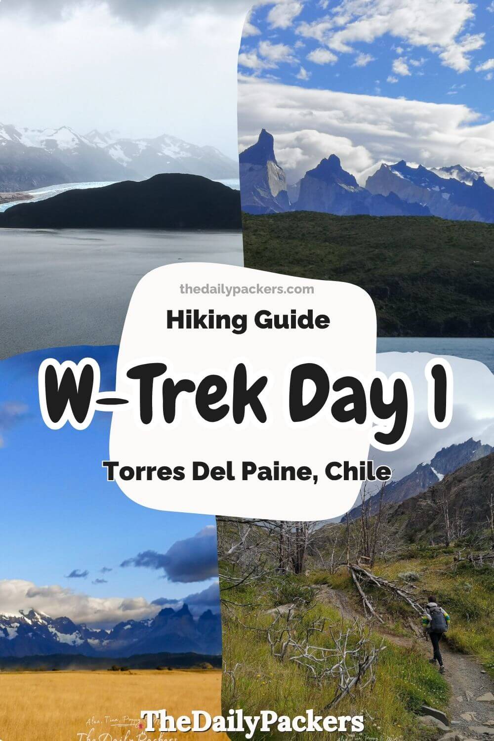 Collage of mountain vistas in Torres del Paine, Chile, for a W-Trek hiking guide.