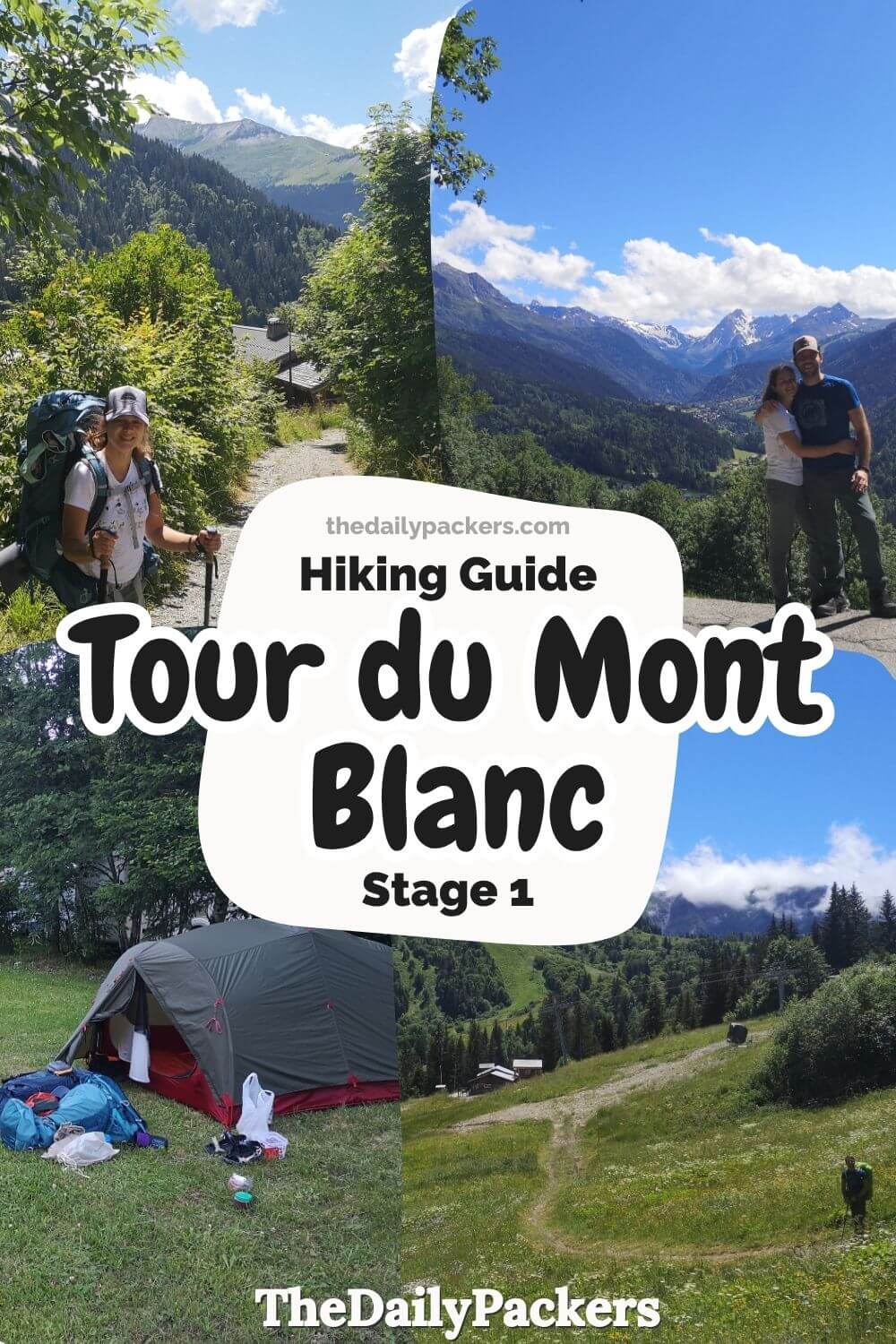 A photo grid showing a hiker on a grassy path, the full Mont Blanc range, and a tent by a lake.